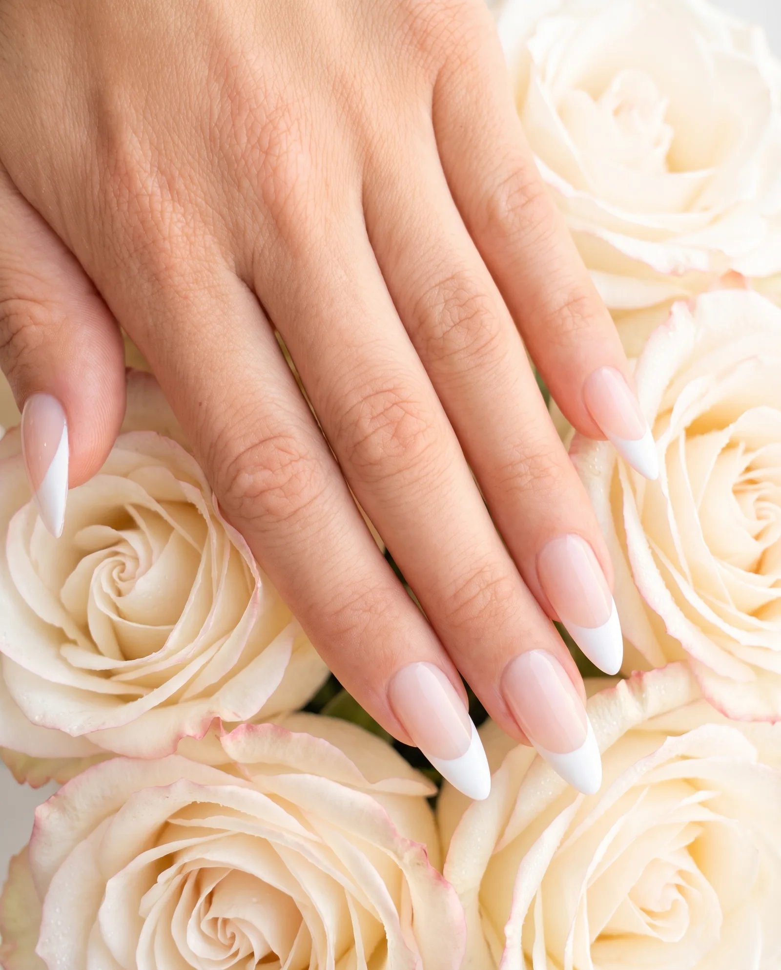Sheer French almond manicure resting on a bed of soft ivory-white roses.